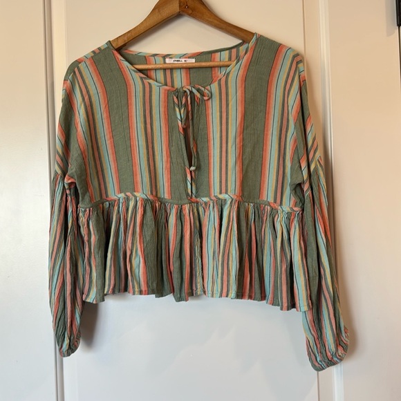 O'Neill Tops - O’NEILL Rosie Stripe Top Bohemian Tie Closure Medium Green Blue